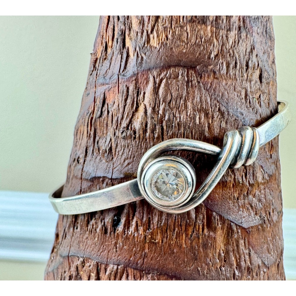 Sterling Silver 925 Hook & Eye Bangle Bracelet CZ Bypass 7" Modernist